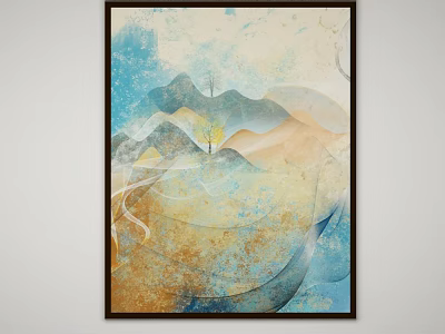 Abstract Painting with Abstract Mountains Single Tree Soft Colors Modern Framed Wall Art Decor 3d model