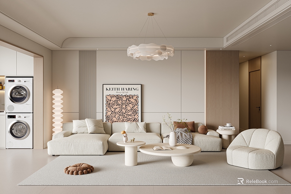 Modern Living Room Interior With White Sofa Chandelier Round Coffee Table And Artwork 3d model 