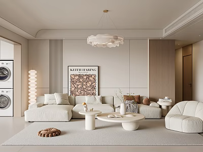 Modern Living Room Interior With White Sofa Chandelier Round Coffee Table And Artwork 3d model