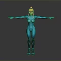 3D Rendered Female Character In Blue Bodysuit With Yellow Hair And Outstretched Arms