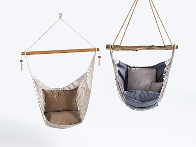 Stylish Hanging Chairs with Woven Rope and Wooden Bars Featuring Brown Gray Blue Cushions 3d model
