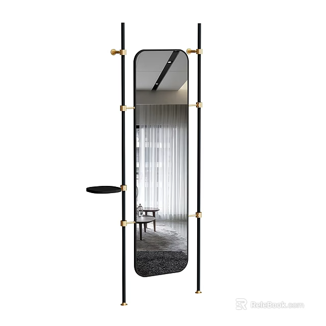 Elegant Black and Gold Full Length Floor Mirror with Side Shelf and Curtain Reflection 3d model 