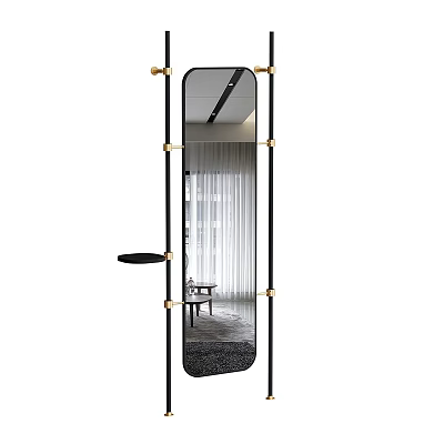 Elegant Black and Gold Full Length Floor Mirror with Side Shelf and Curtain Reflection 3d model