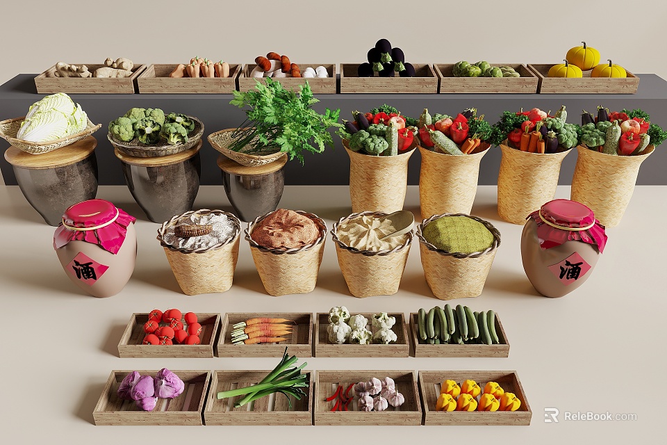 Fresh Assorted Vegetables Displayed in Baskets Clay Pots and Wooden Trays with Colorful Varieties 3d model 
