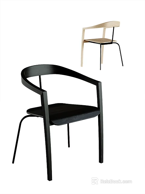 Modern Dining Chair With Curved Armrest Black Upholstered Seat And Wooden Frame Design 3d model 