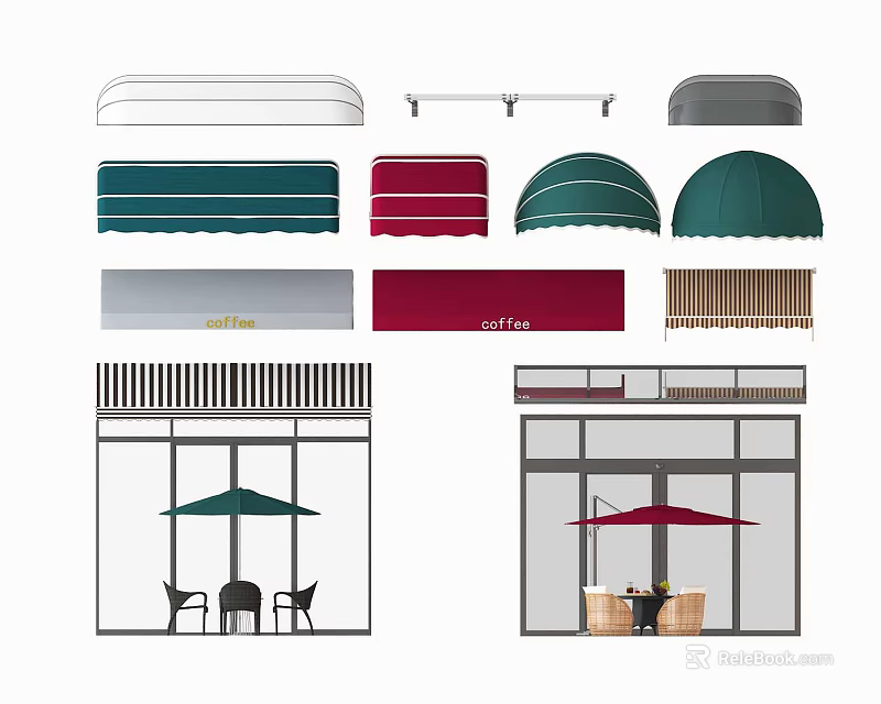 Various Colorful Awning Styles For Outdoor Shop Fronts With Tables And Chairs 3d model 