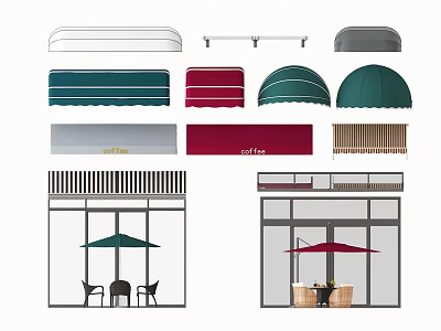 Various Colorful Awning Styles For Outdoor Shop Fronts With Tables And Chairs 3d model