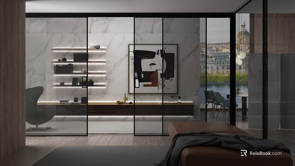 Modern Luxury Study Room Interior With Floating Shelves Art Painting And City View Windows 3d model 