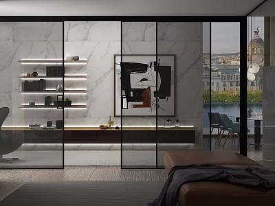 Modern Luxury Study Room Interior With Floating Shelves Art Painting And City View Windows 3d model