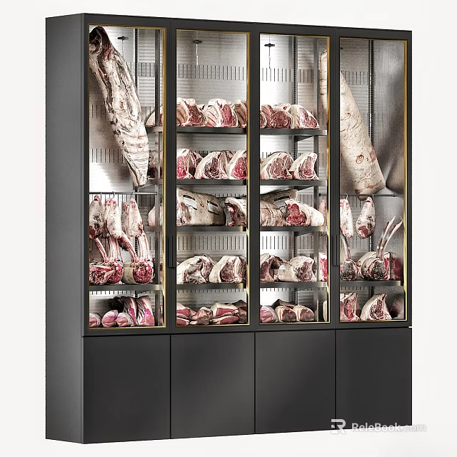 Modern Glass Door Display Cabinet Shelves Filled With Various Fresh Meat Cuts 3d model 