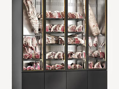 Modern Glass Door Display Cabinet Shelves Filled With Various Fresh Meat Cuts 3d model