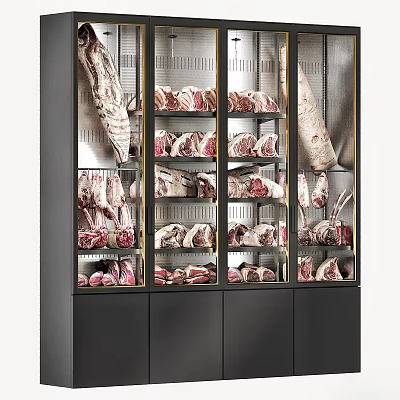 Modern Glass Door Display Cabinet Shelves Filled With Various Fresh Meat Cuts 3d model