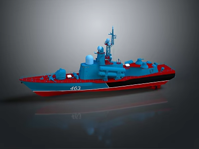 Blue And Red Military Ship Model With Radar Antenna And Number 463 3d model
