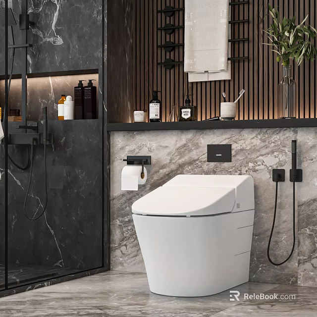 Luxury Bathroom Modern Smart Toilet with Marble Wall Mounted Shelf Toiletries and Potted Plant 3d model 