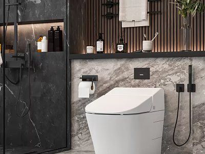 Luxury Bathroom Modern Smart Toilet with Marble Wall Mounted Shelf Toiletries and Potted Plant 3d model