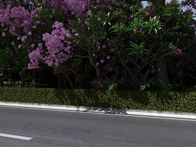 Lush Flowering Arbor By Roadside With Purple Blooms And Green Hedge 3d model