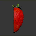 Fresh cut strawberry with red flesh and green leaves on dark reflective surface