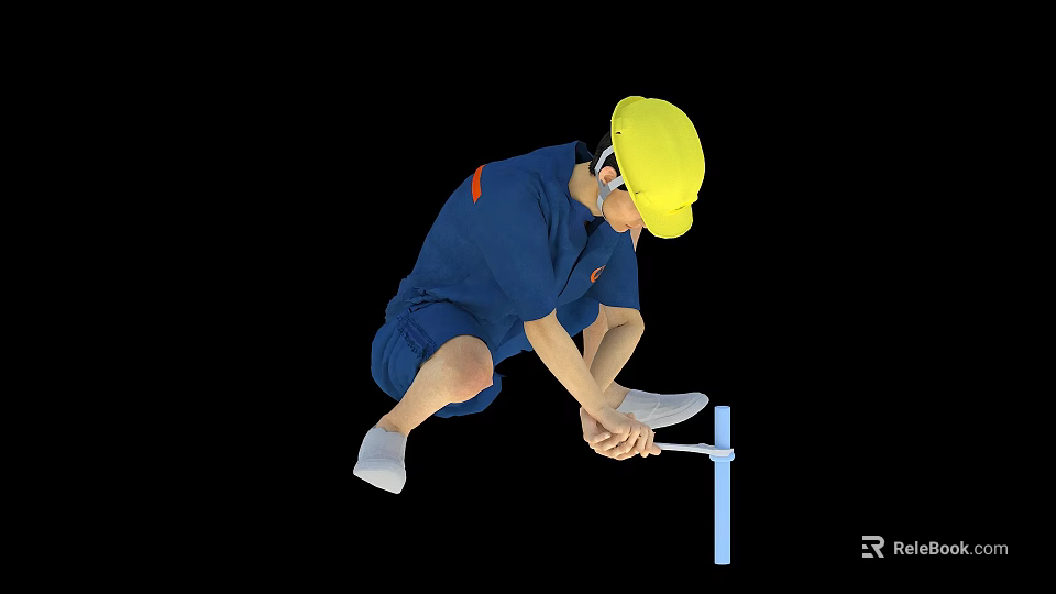 Man in Blue Work Uniform and Yellow Hard Hat Working While Holding Blue Pole 3d model