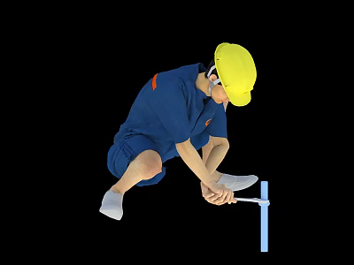 Man in Blue Work Uniform and Yellow Hard Hat Working While Holding Blue Pole 3d model