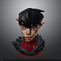 Fantasy Elf Character With Black Hair Red Eyes And Feather Collar In 3D Render