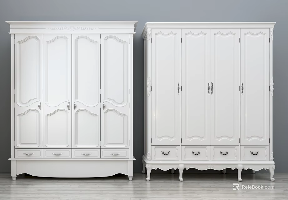 White Vintage Ornate Wardrobes With Carved Doors Drawers And Decorative Legs 3d model 