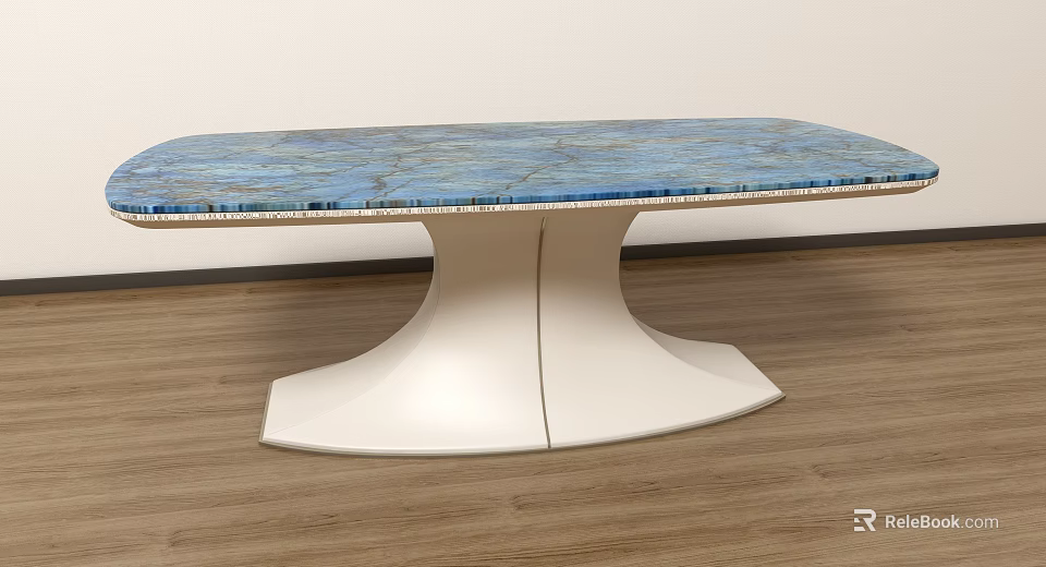 Blue Marble Top Dining Table With Unique White Base On Wooden Floor 3d model