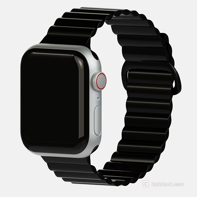 Stylish Modern Smart Watch with Black Strap Square Dial Silver Frame and Red Button 3d model 