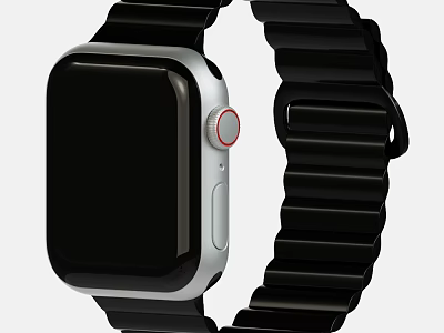 Stylish Modern Smart Watch with Black Strap Square Dial Silver Frame and Red Button 3d model
