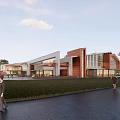 Modern Building Exterior With Water Pool Reflection People Walking Glass Facade And Wooden Panels