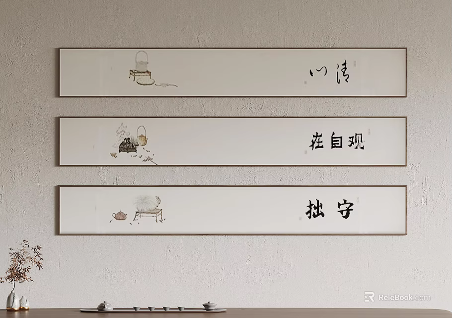Minimalist Chinese Three Panel Wall Art With Ink Illustrations And Characters 3d model