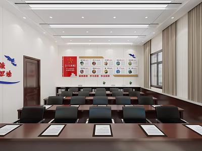 Spacious Meeting Room With Long Table Black Chairs Red Bulletin Board And Blue Slogan 3d model