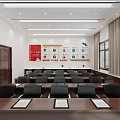 Spacious Meeting Room With Long Table Black Chairs Red Bulletin Board And Blue Slogan