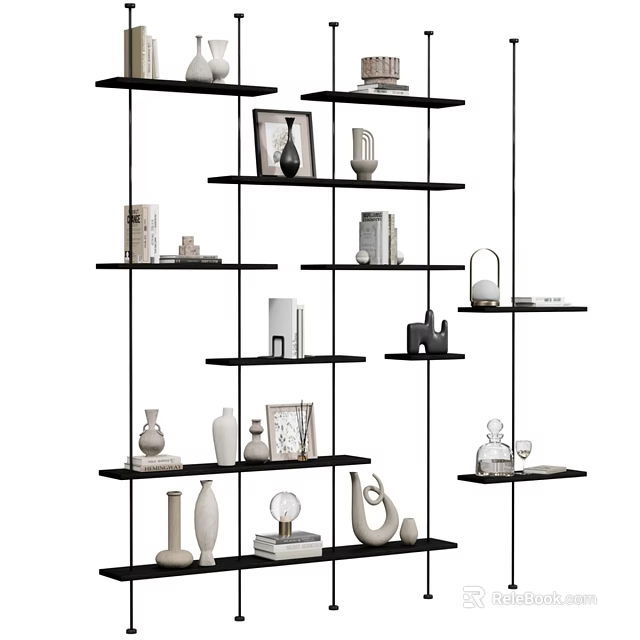 Decorative Ornaments Set on Black Multi Layered Shelf with Vases Sculptures Photo Frames and Books 3d model 