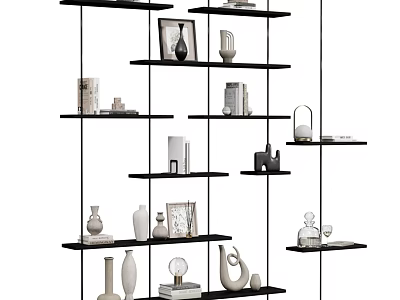 Decorative Ornaments Set on Black Multi Layered Shelf with Vases Sculptures Photo Frames and Books 3d model
