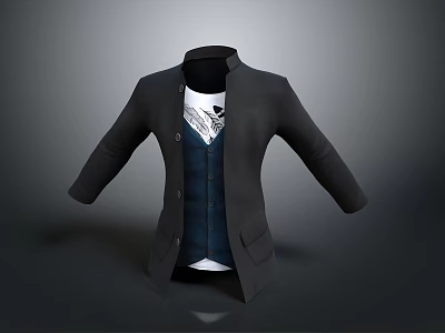 Stylish Black Coat With Blue Vest White T-shirt And Decorative Scarf 3d model