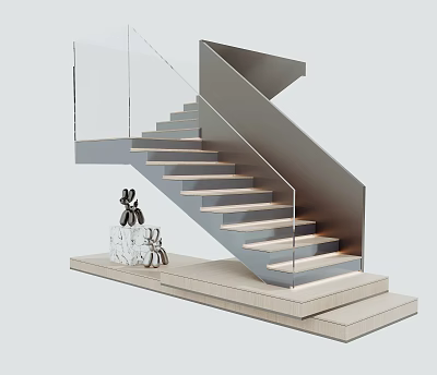 Modern Staircase With Glass Railing Metal Handrail Light Colored Steps And Decorative Sculptures On Platform 3d model