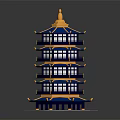 Ancient Chinese Tower With Blue Roof Golden Top And Multi Story Curved Eaves