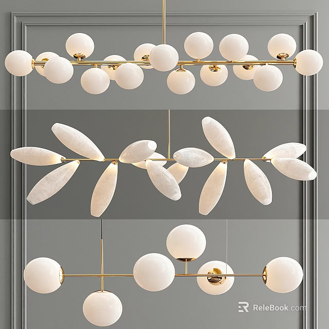 Elegant Modern White Gold Chandeliers with Spherical and Leaf Shaped Designs 3d model 
