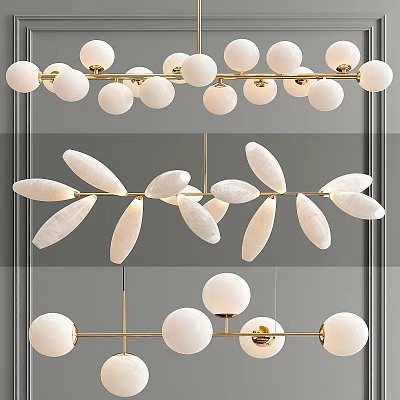 Elegant Modern White Gold Chandeliers with Spherical and Leaf Shaped Designs 3d model