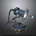 Futuristic Sci Fi Weapon With Blue Glowing Parts Circular Base And Warning Stripes