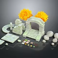 3D Outdoor Scene Components With Stone Arch Steps Orange Trees Rocks And Slab Path 3d model