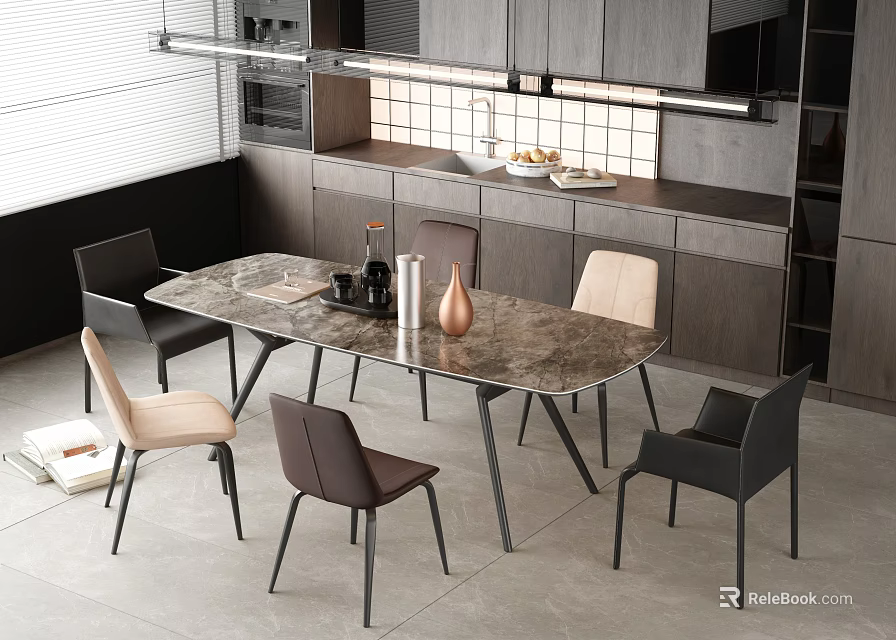 Modern Dining Table Set With Marble Top And Different Colored Chairs 3d model