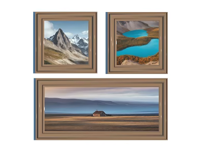 Framed Scenic Landscape Paintings Featuring Mountain Lake and Cabin Scenery 3d model