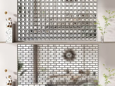 Modern Glass Block and Brick Wall Design with Decorative Accents and Green Plant 3d model