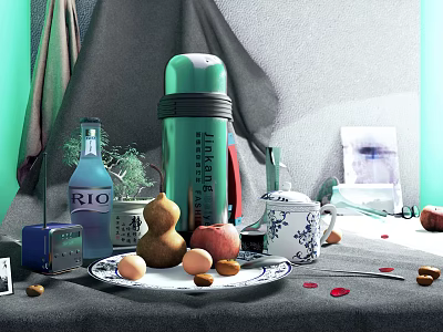 Decorative Ornament Set Featuring Fruit Nuts Porcelain Teacup RIO Bottle Thermal Mug And Rose Petals 3d model