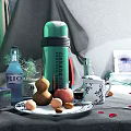 Decorative Ornament Set Featuring Fruit Nuts Porcelain Teacup RIO Bottle Thermal Mug And Rose Petals