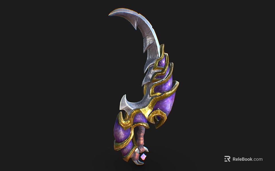 Curved Blade Weapon with Purple Gold Decorative Accents Ornate Design and Gemstone Handle 3d model 