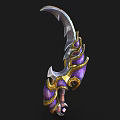 Curved Blade Weapon with Purple Gold Decorative Accents Ornate Design and Gemstone Handle