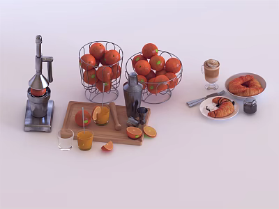 Fresh Oranges Freshly Squeezed Orange Juice With Juicer And Bagel On Cutting Board 3d model