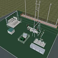 Road Infrastructure Featuring Utility Poles Substation Facilities Fencing Equipment Green Ground And Blue Building